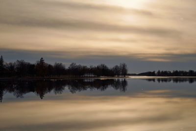 Reflection of trees in lake during sunset