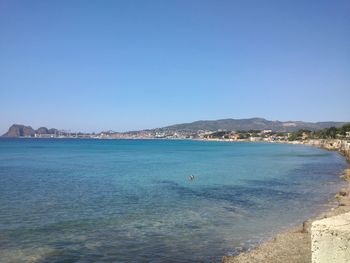 Scenic view of sea against clear blue sky