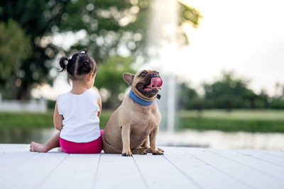 Rear view of girl with dog sitting on pier 