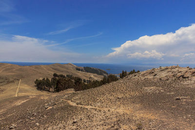 Scenic view of landscape and sea against sky