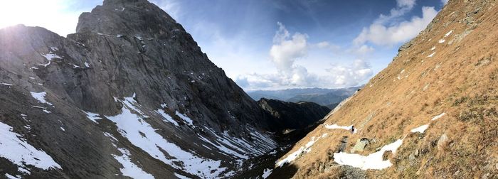 Panoramic view of snowcapped mountains against sky