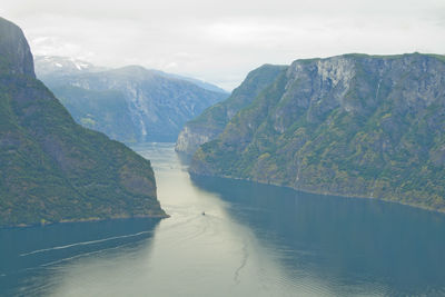 Scenic view of river amidst mountains against sky