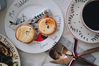 High angle view of breakfast served on table