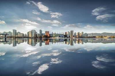 Reflection of buildings in river against sky