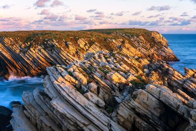 Beautiful schist cliff details in baleal island at sunset in peniche, portugal