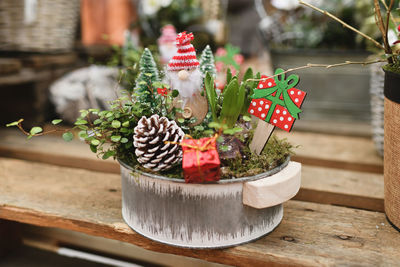 Close-up of christmas decorations on table