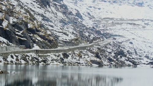 Scenic view of lake by snowcapped mountains