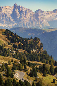 High angle view of trees and mountains against sky