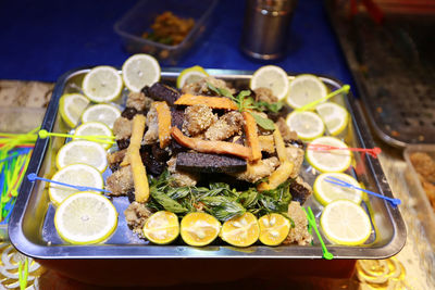 High angle view of food served on table