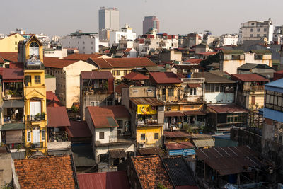 High angle view of residential district against sky