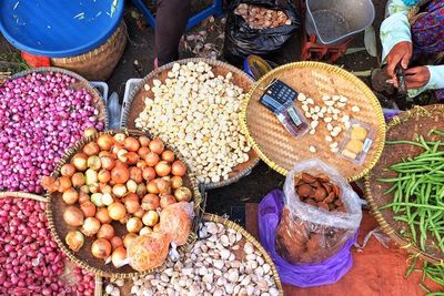 High angle view of vegetables for sale in market