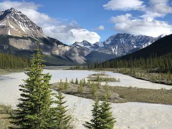Scenic view of lake by snowcapped mountains against sky