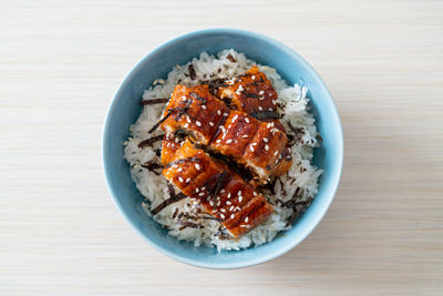 High angle view of food in plate on table