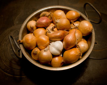 High angle view of eggs in bowl on table