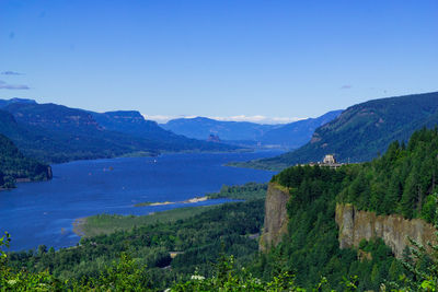 Scenic view of sea and mountains against clear blue sky