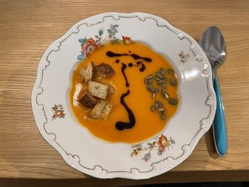 High angle view of food in plate on table