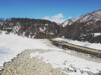 Snow covered landscape against sky