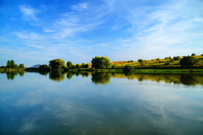 Scenic view of reflection of trees against sky