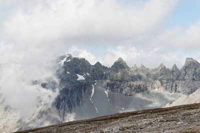 Scenic view of snow capped mountains against sky