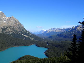 Scenic view of mountains against clear blue sky