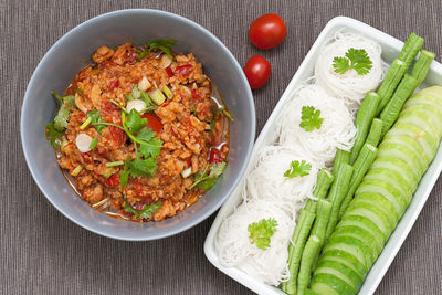 High angle view of meal served on table