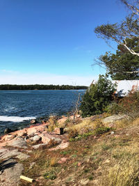 Scenic view of lake against blue sky