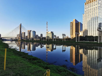 Reflection of buildings in river against sky