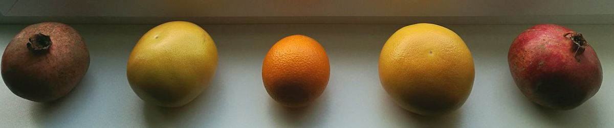 Panoramic view of various fruits arranged on table