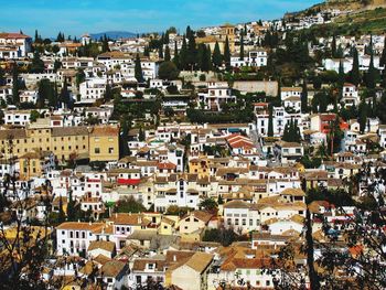 High angle view of buildings in city