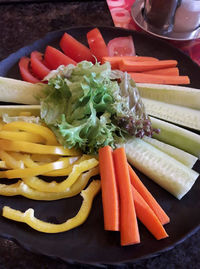 High angle view of chopped vegetables on table