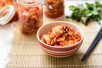 Close-up of food served on table