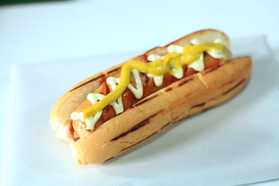 Close-up of hot dog on plate