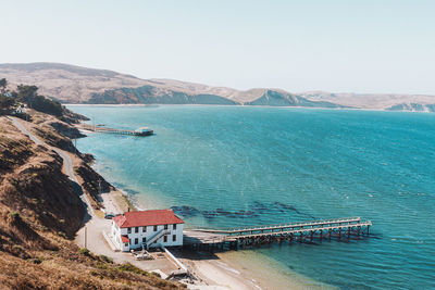 High angle view of sea against clear sky