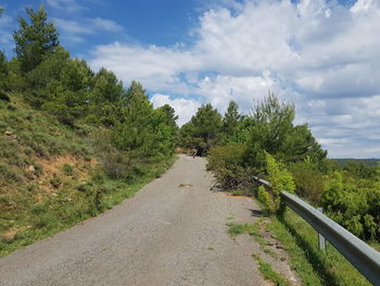 Empty road along plants and trees against sky