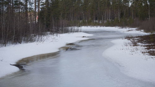 Scenic view of waterfall in forest during winter