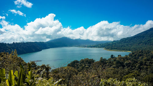 Scenic view of sea and mountains against sky