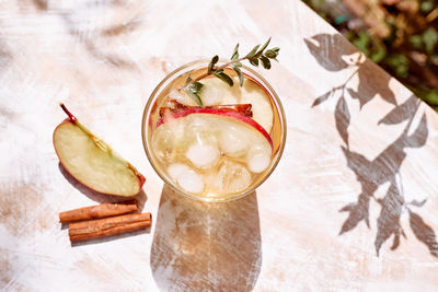 Fresh and healthy cocktail or mocktail with apple, ice, cinnamon and herbs. refreshing summer drink. 