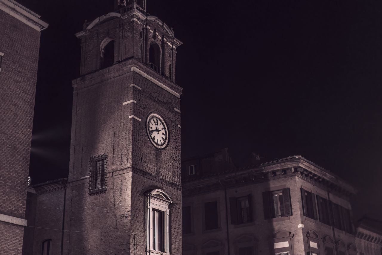architecture, building exterior, built structure, clock, darkness, night, building, low angle view, black and white, clock tower, tower, monochrome, time, travel destinations, sky, no people, history, the past, black, city, light, monochrome photography, nature, illuminated, place of worship, landmark, religion, clock face, travel, outdoors, belief