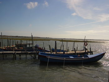 Boats moored in sea against sky