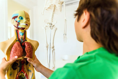 Close-up of boy holding anatomy in classroom