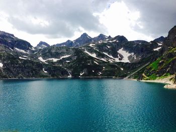 Scenic view of lake and mountains against sky