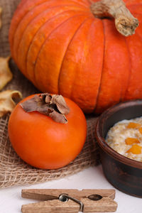 High angle view of pumpkins on table