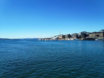 Scenic view of sea against clear blue sky