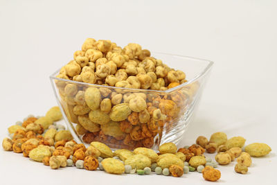 Close-up of grapes in bowl against white background