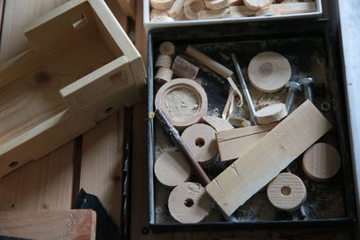 High angle view of tools on table