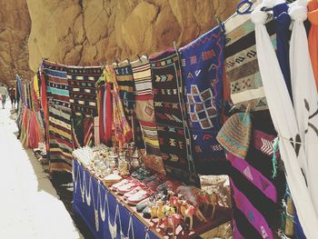 Multi colored flags hanging at temple