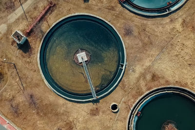 High angle view of metal container on table