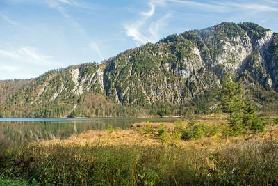 Scenic view of lake and mountains against sky