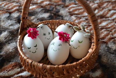 High angle view of eggs in basket