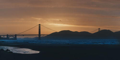 View of suspension bridge at sunset